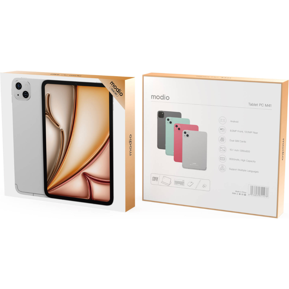 Modia tablet packaging with front and back views on a white background