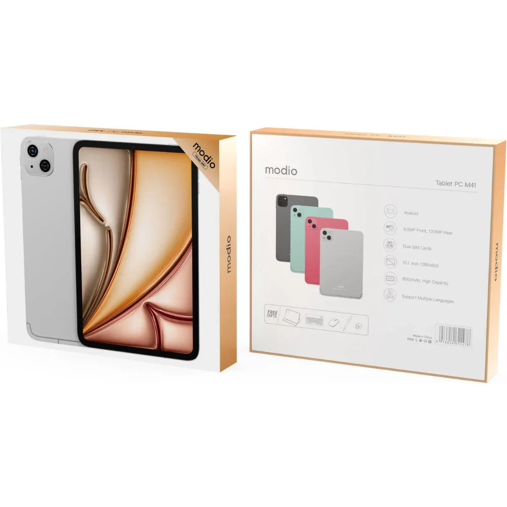 Modio Tablet PC M41 with 10.1 inch display, dual SIM, and high-capacity battery in sleek packaging