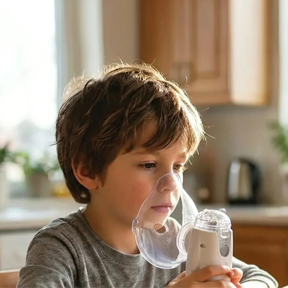 Child using a handheld device in a kitchen setting