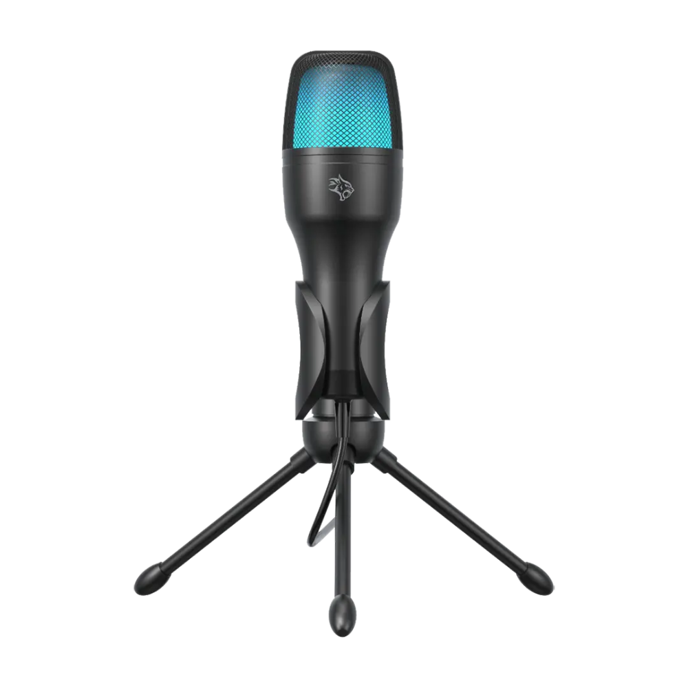 Black microphone with blue light on a white background