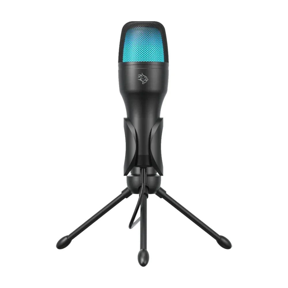 Black gaming microphone with blue LED light on tripod stand