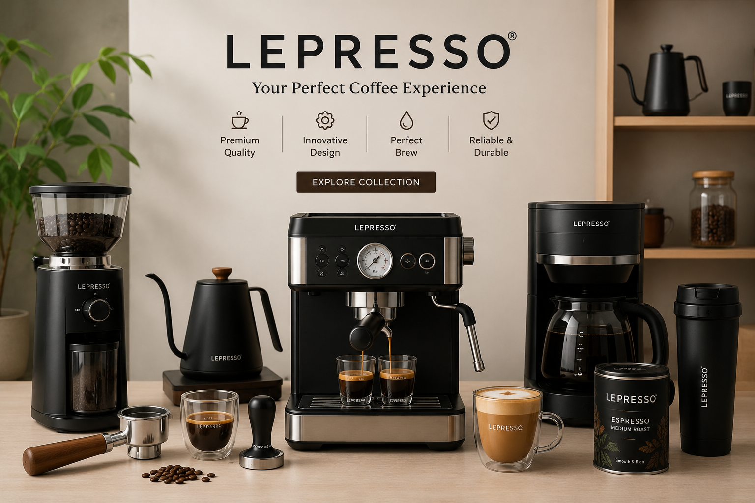 LePresso coffee machines, brewers, grinders, kettles and coffee accessories collection in Qatar.