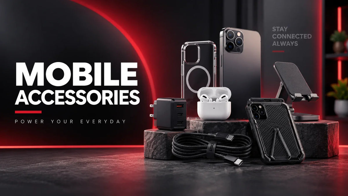 Mobile accessories collection featuring chargers, power banks, earphones, microphones and smartphone gadgets in Qatar