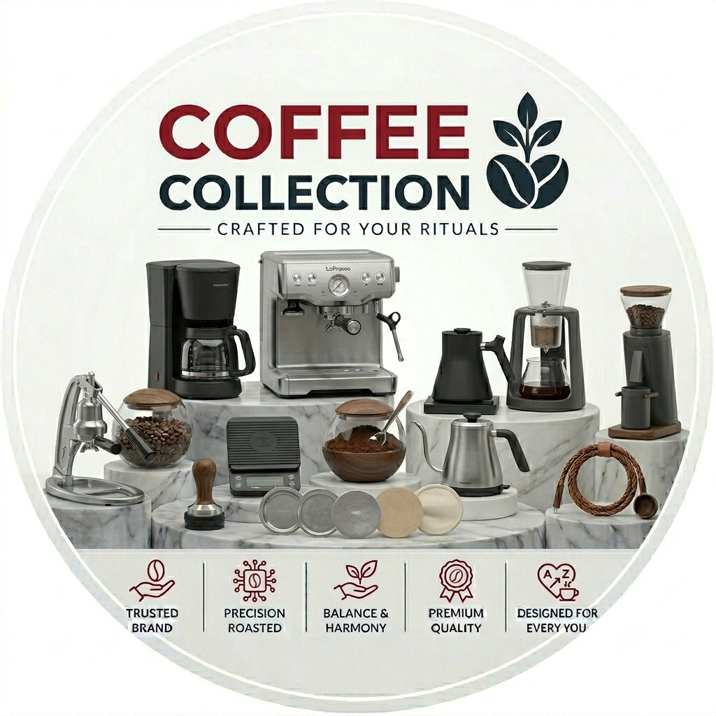 Coffee Collection featuring espresso machines, coffee grinders, French presses, coffee beans, and brewing accessories in Qatar