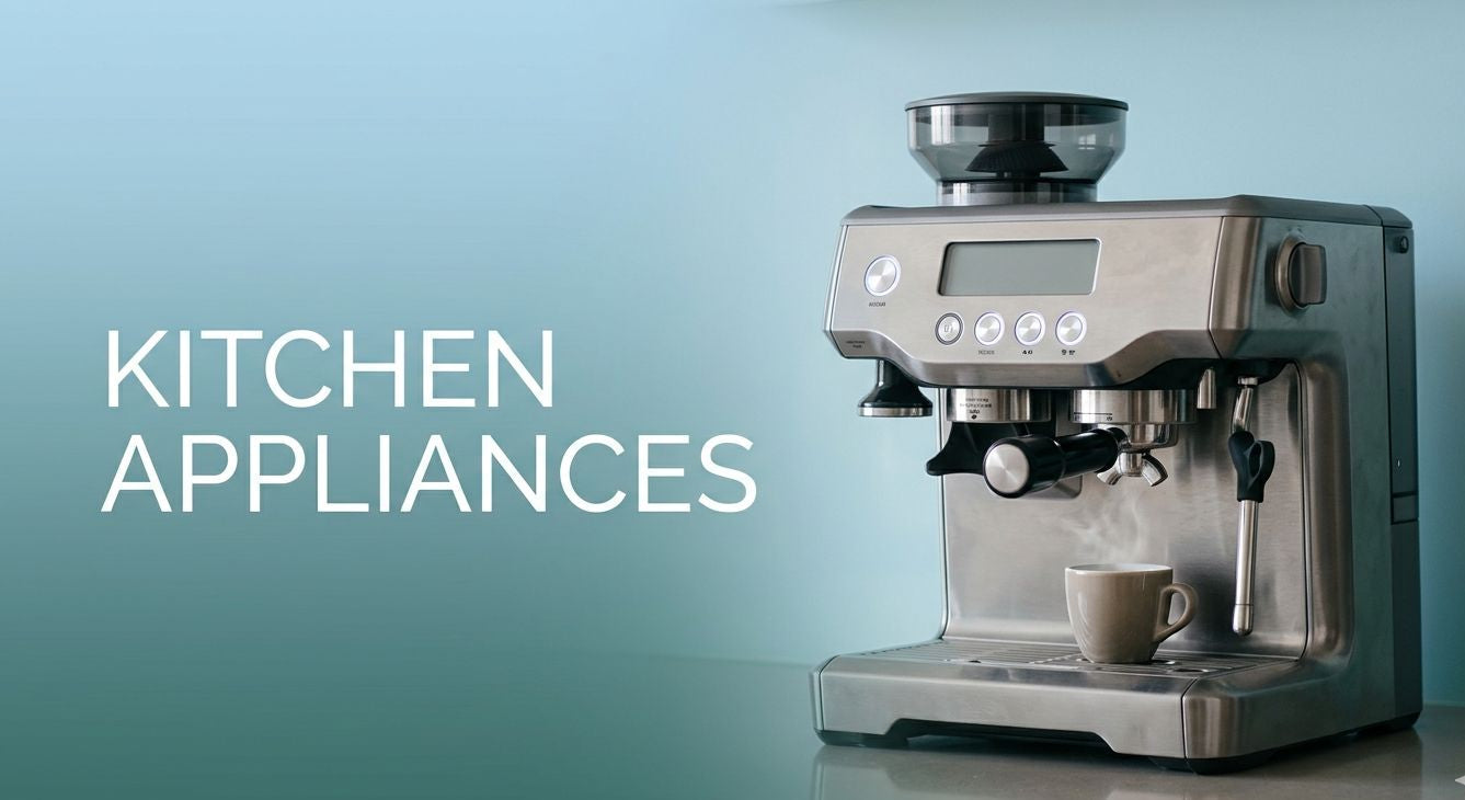 Kitchen appliances collection banner with espresso coffee machine