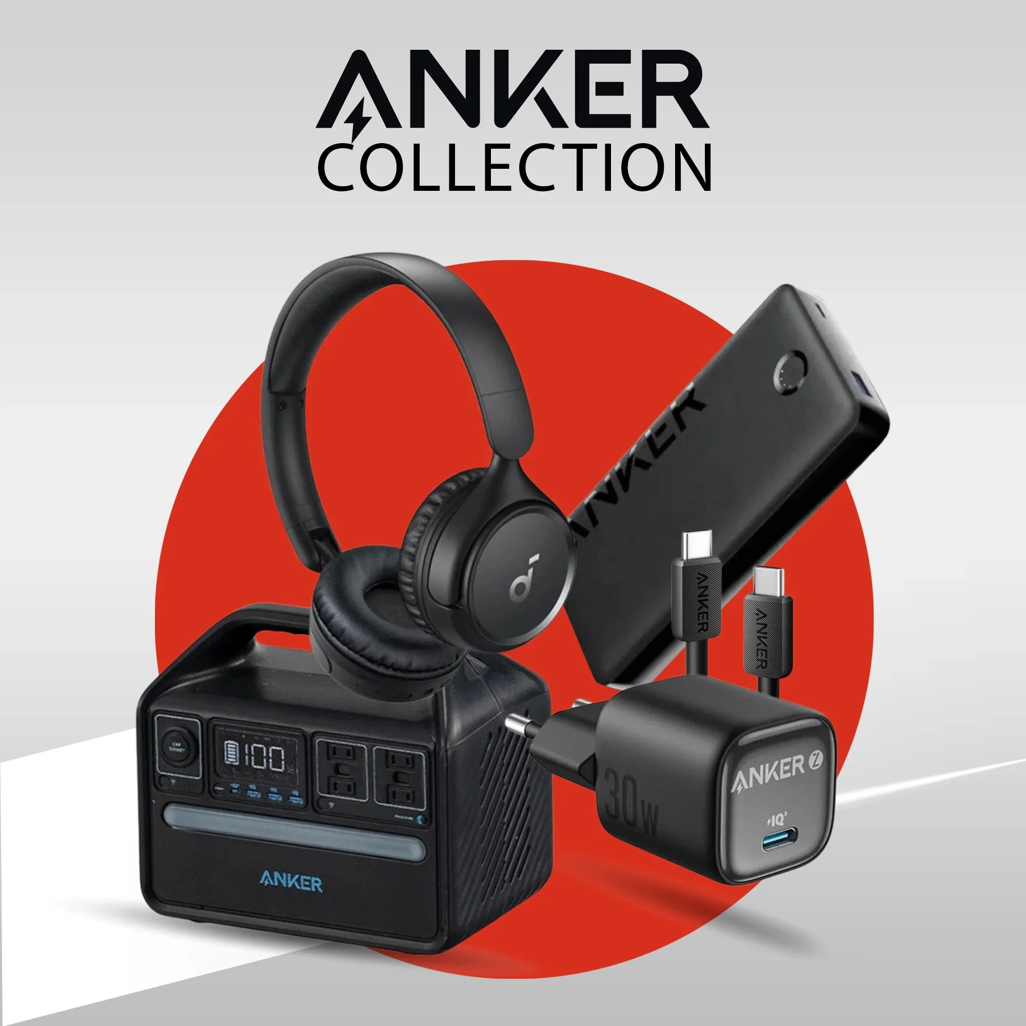 Anker Collection featuring power banks, fast chargers, charging cables, wireless earbuds, and mobile accessories in Qatar