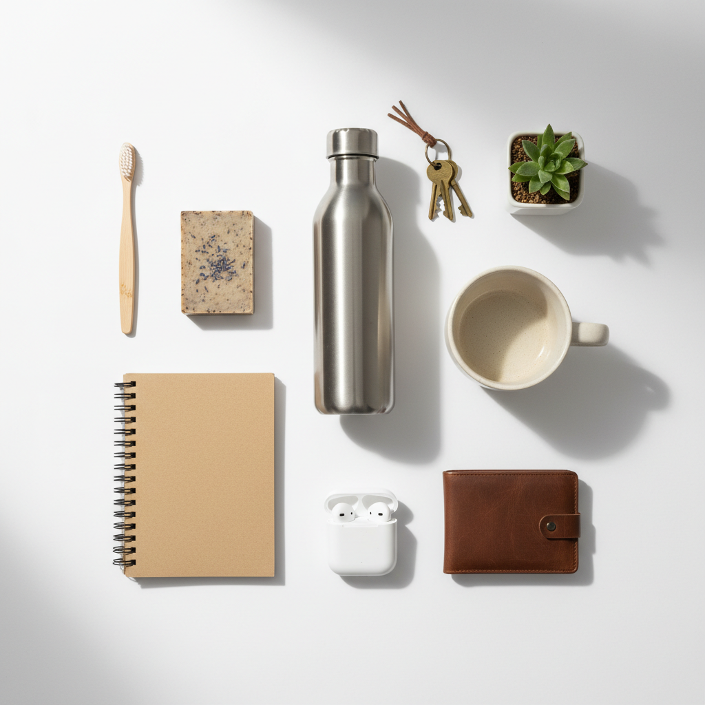 Daily essentials collection featuring reusable water bottle, notebook, personal care items and everyday lifestyle accessories