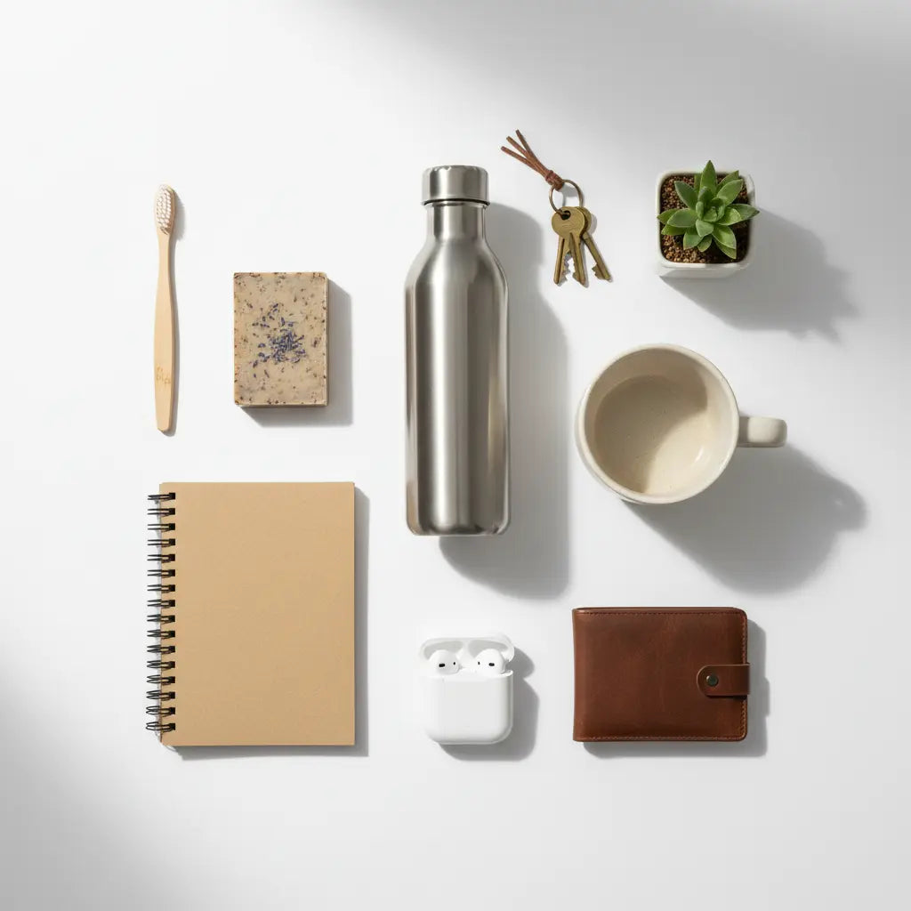 Daily essentials collection featuring reusable water bottle, notebook, personal care items and everyday lifestyle accessories