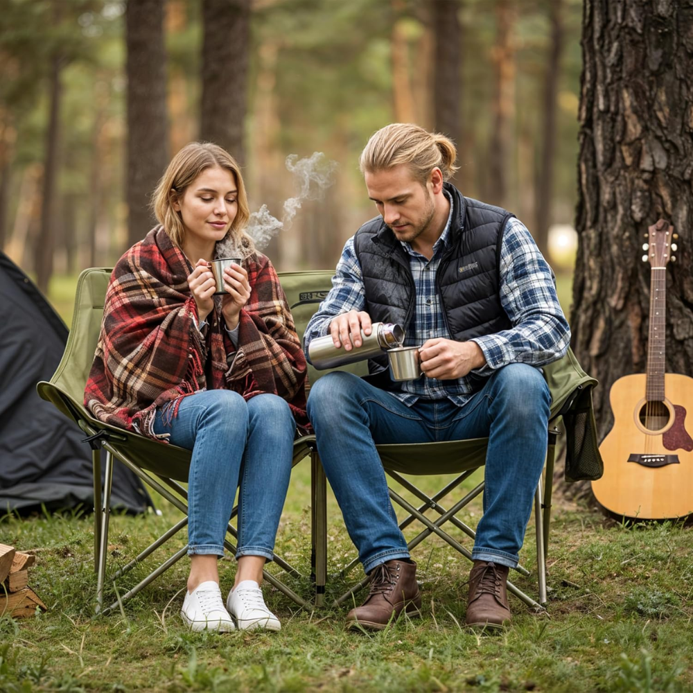Couple enjoying outdoor camping with portable chairs and camping gear in a forest setting
