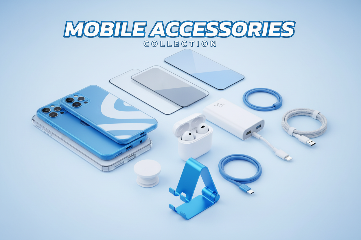Mobile accessories collection featuring chargers, power banks, earphones, microphones and smartphone gadgets in Qatar
