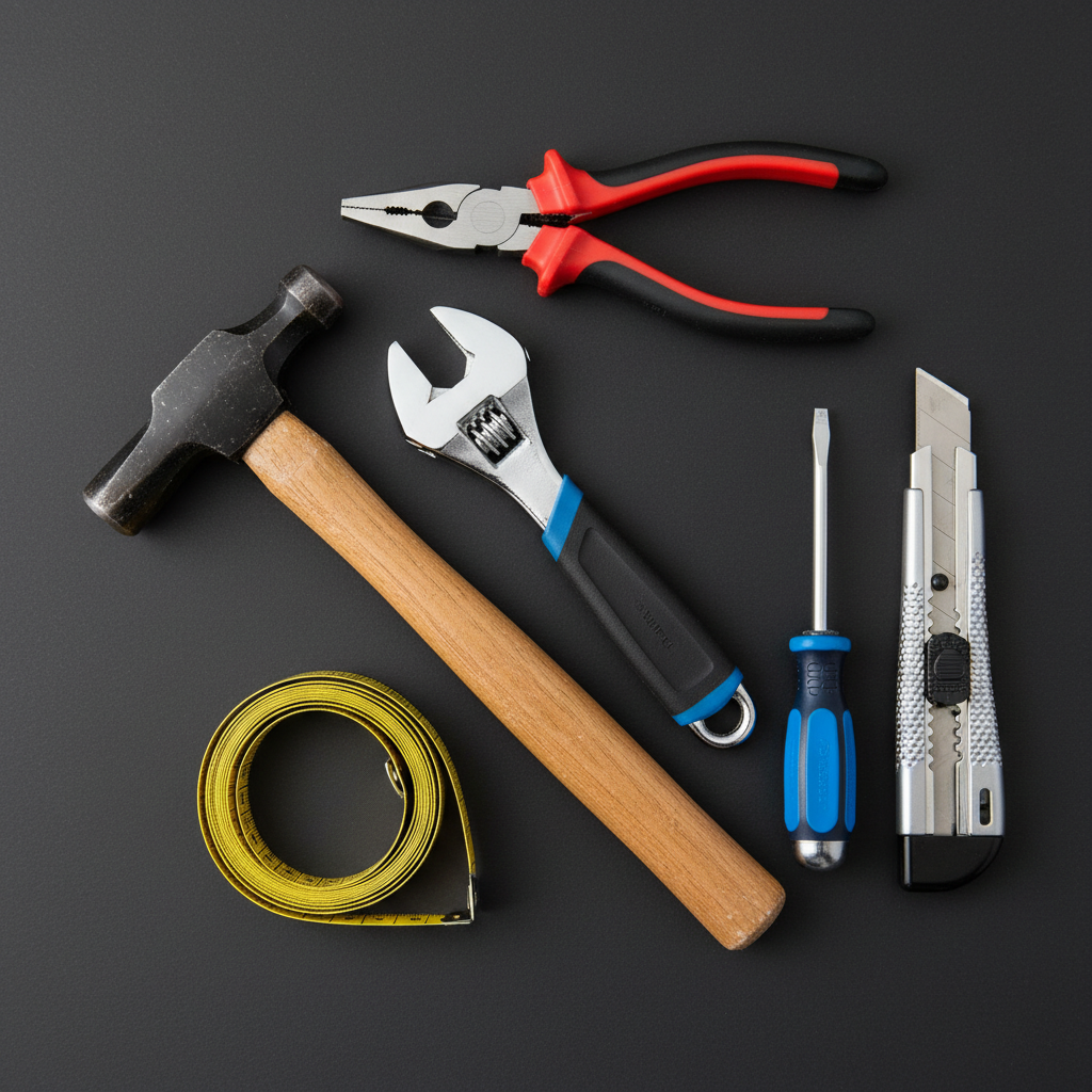 Hand tools and utility equipment including hammer, pliers, wrench, screwdriver and measuring tape for repair and maintenance tasks