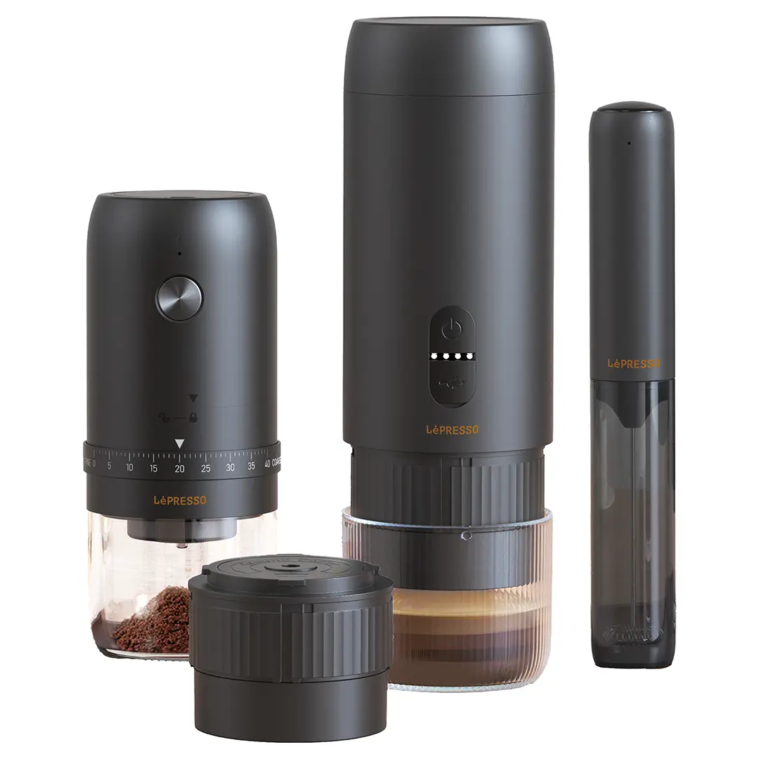 Lepresso Brewology Coffee Kit (Espresso Maker, Rechargeable Grinder & Milk Frother) - Black LePresso