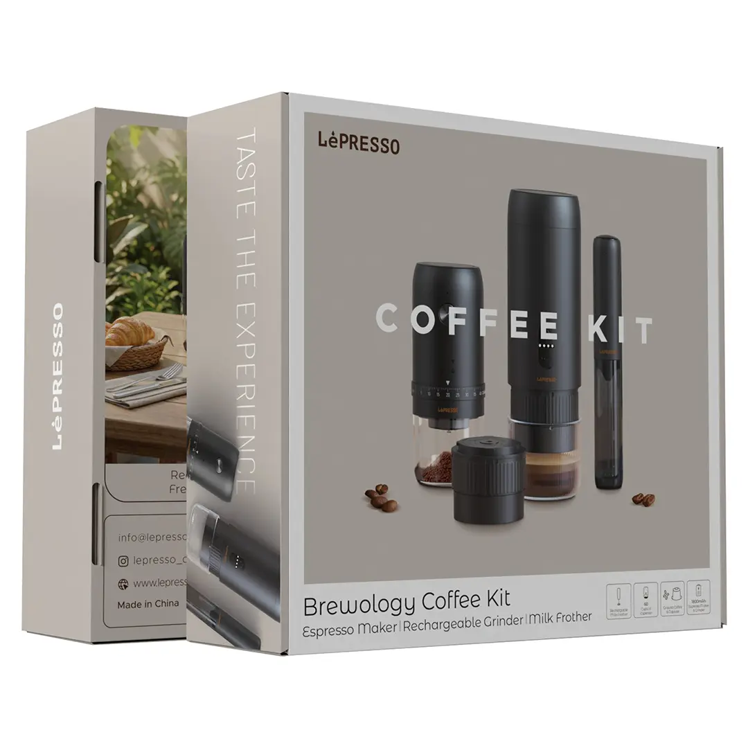 Lepresso Brewology Coffee Kit (Espresso Maker, Rechargeable Grinder & Milk Frother) - Black LePresso