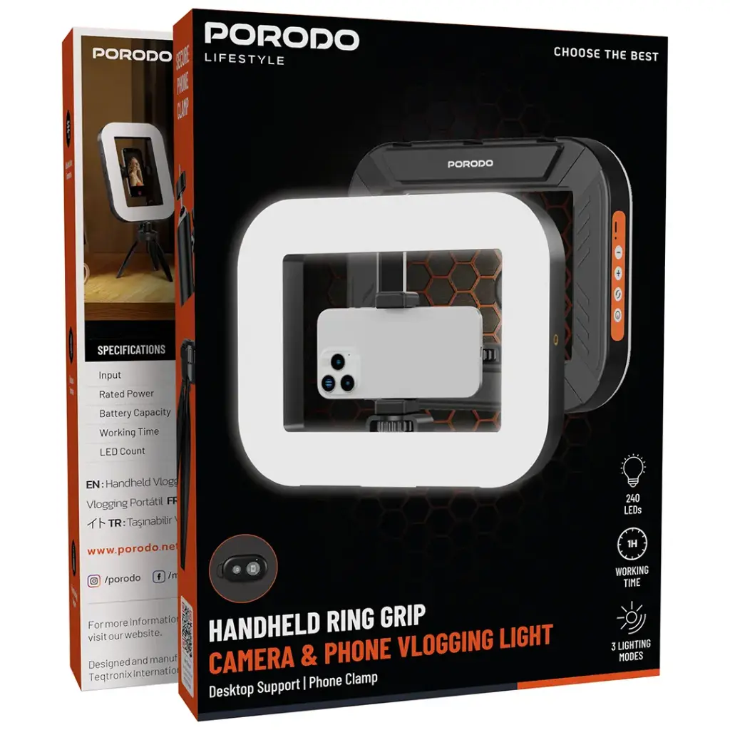 Porodo Lifestyle Vlogging Camera & Phone Light with Ring Holder – Black | PDLFST214BK porodo