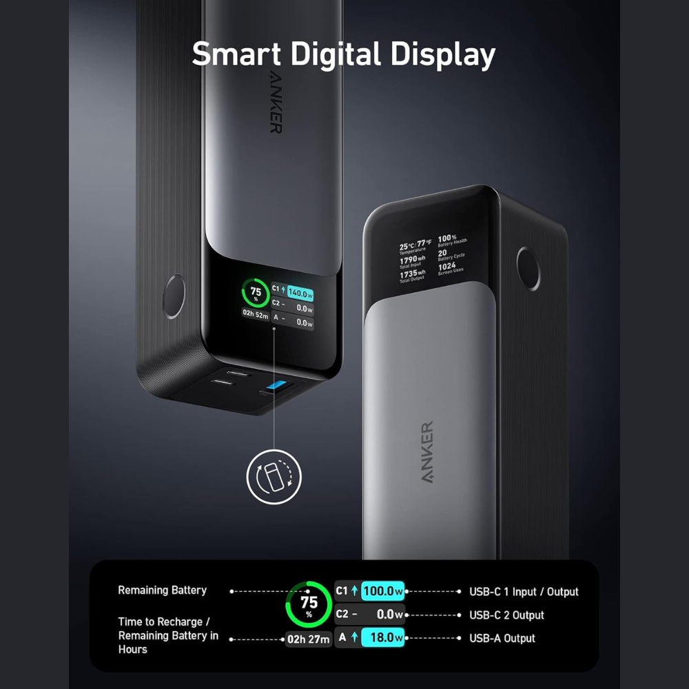 Anker 737 Power Bank 24000mAh 140W featuring smart digital display and fast charging technology