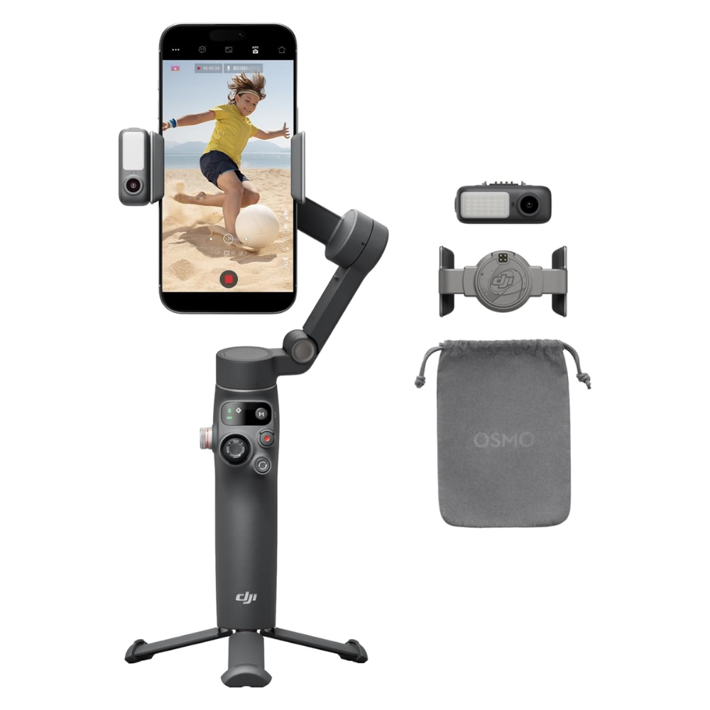 DJI Osmo Mobile 7P smartphone stabilizer with accessories and carrying pouch