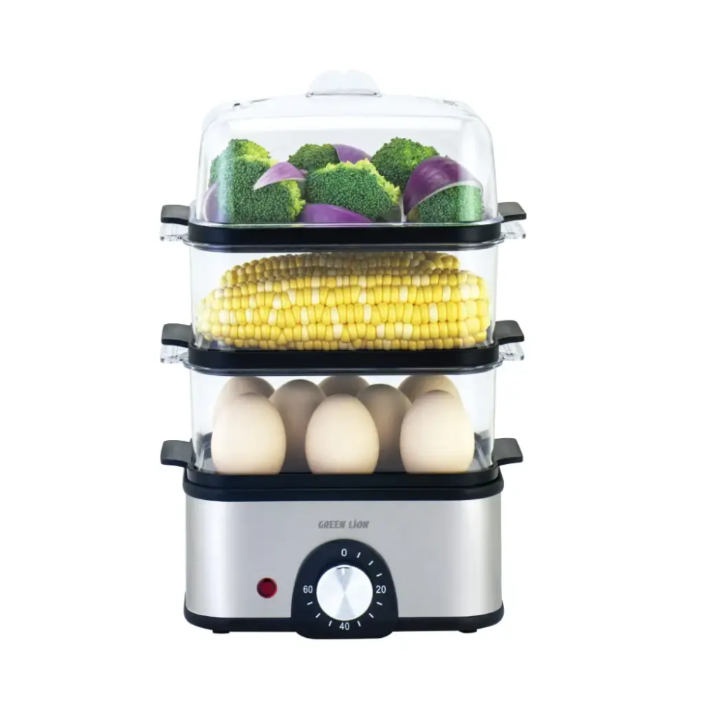 Green Lion 3 tier egg cooker and vegetable steamer with eggs corn and vegetables