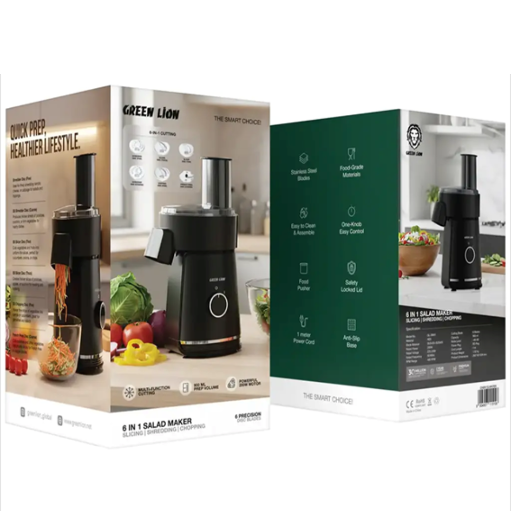 Two packaging boxes for a salad maker with images of the product and text on a white background.