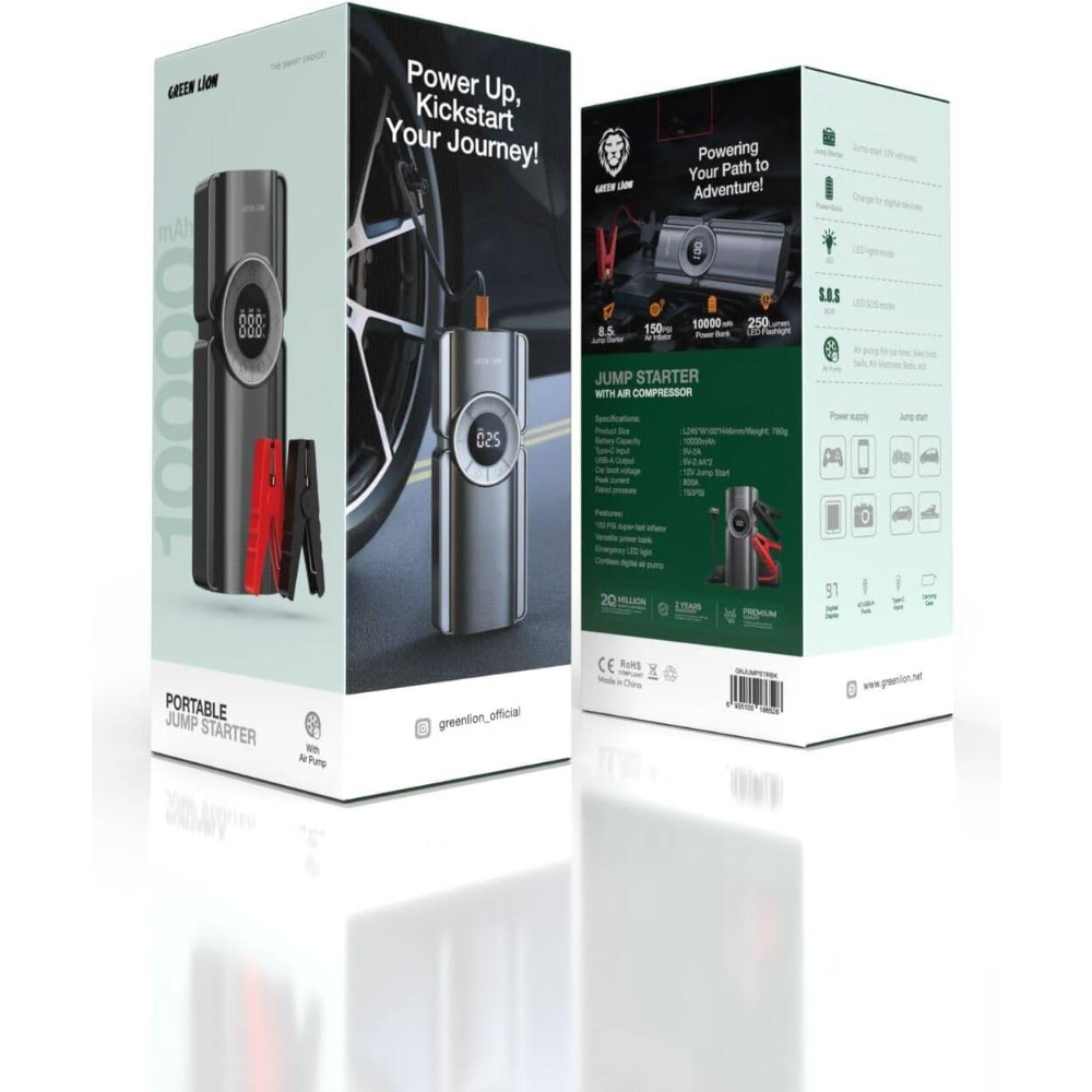 Two packaging boxes for a portable jump starter and air compressor with visible branding.