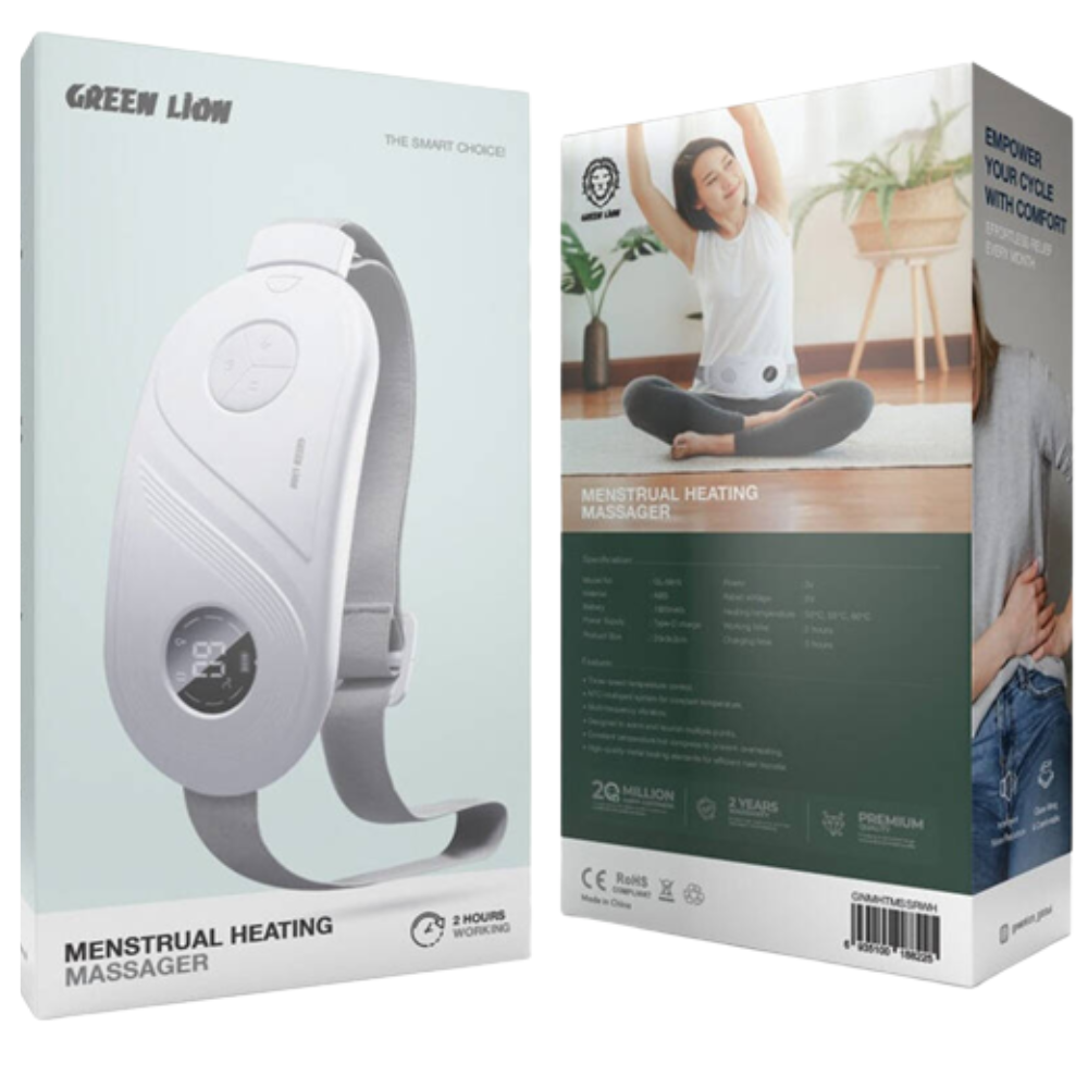 Menstrual heating massager packaging with product and user image on a white background