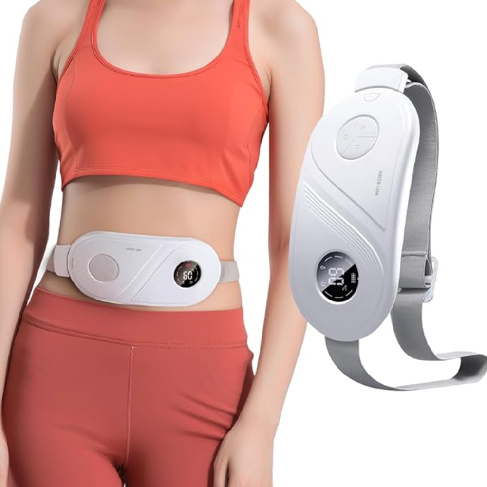 Person wearing a white electronic device on their waist with a close-up of the device on a white background.