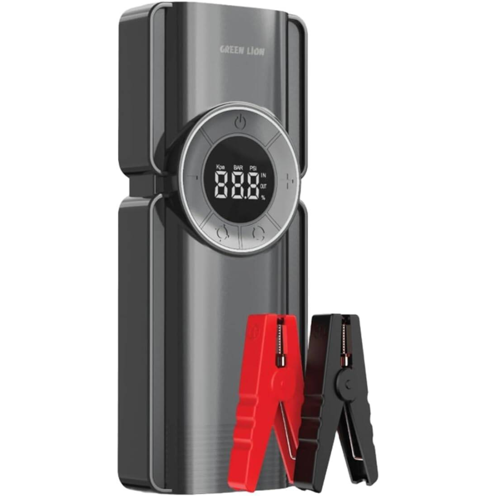 Green Lion portable jump starter with digital display, jumper cables and built-in air compressor