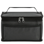 Black and gray insulated lunch bag with a zipper on a white background