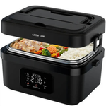 Black electric lunch box with food inside, displaying brand 'Green Lion'.