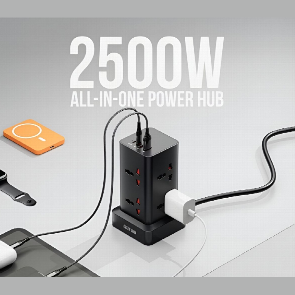 Green Lion Power Tower 2500W power strip highlighting high power output and multi-device charging