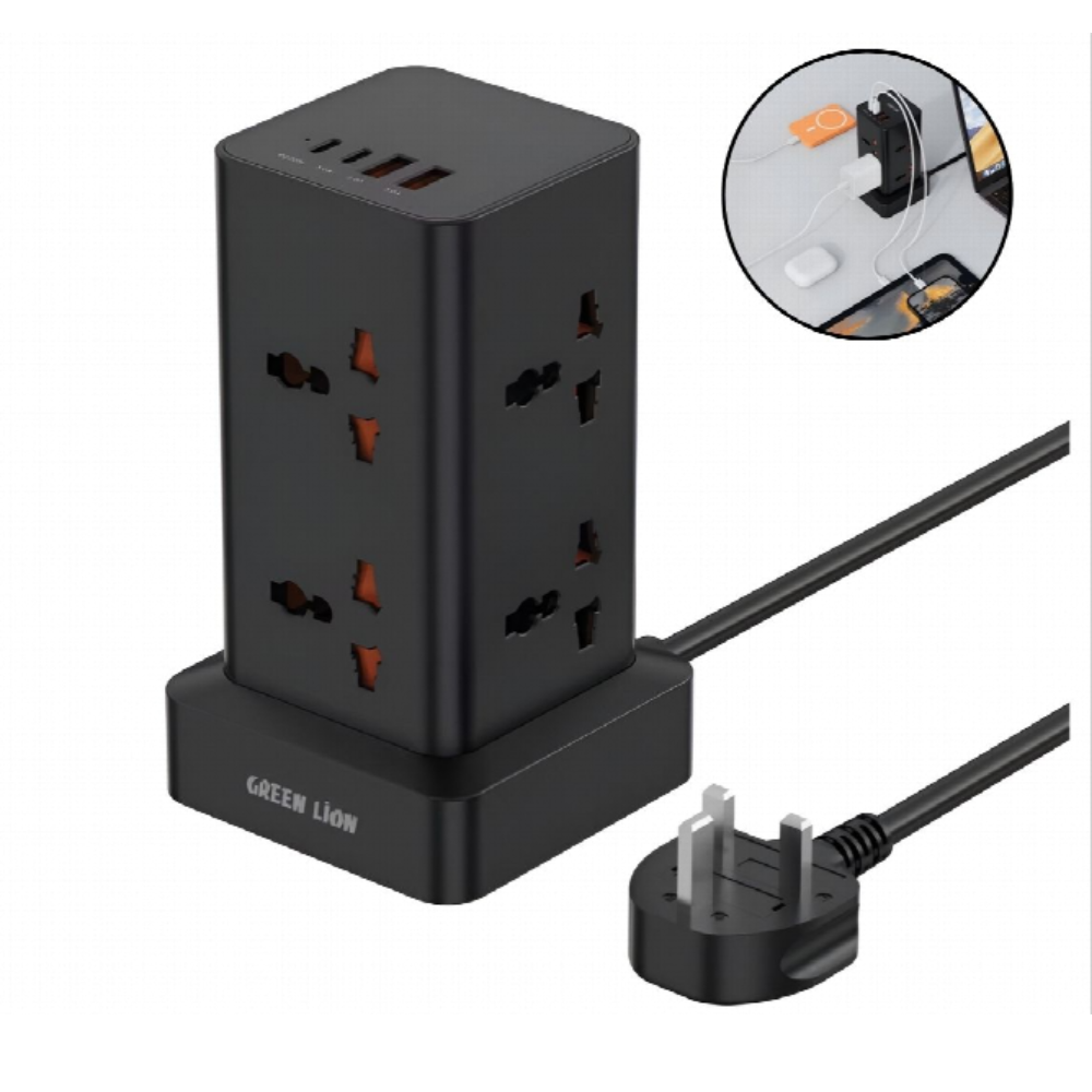 Green Lion Power Tower 2500W universal power strip with multiple outlets and USB charging ports