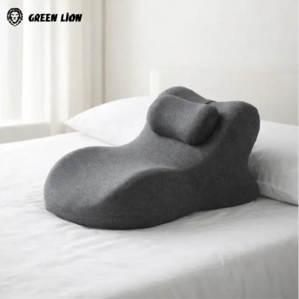 Green Lion Relief Wedge Pillow placed on a bed for comfortable sleeping and posture support