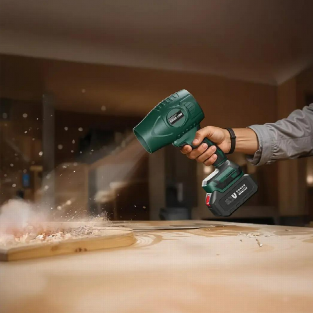 Person using a green cordless drill on a wooden surface with a blurred background