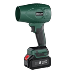 Green power drill with battery on a white background