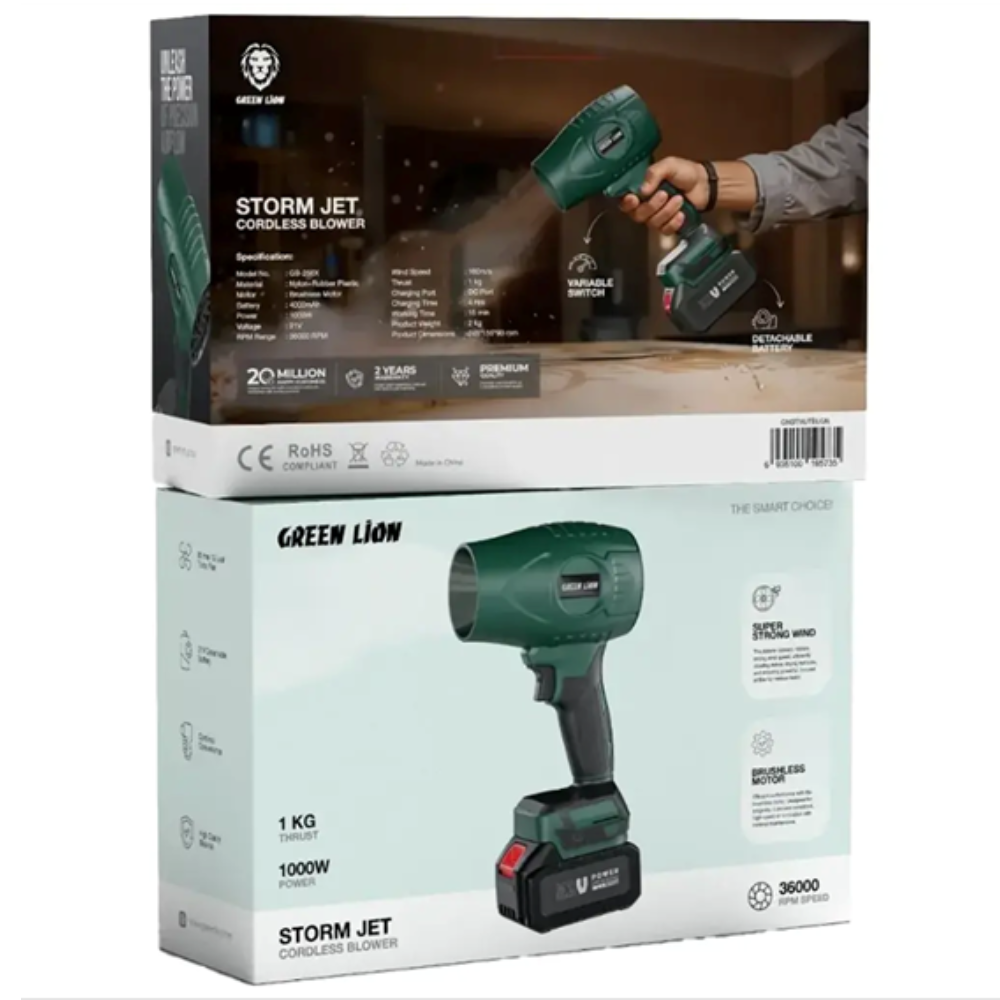 Green Lion Storm Jet cordless blower packaging on a white background