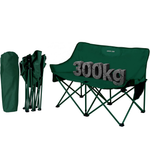 Green folding chair with '300kg' capacity label and carrying bag on a white background