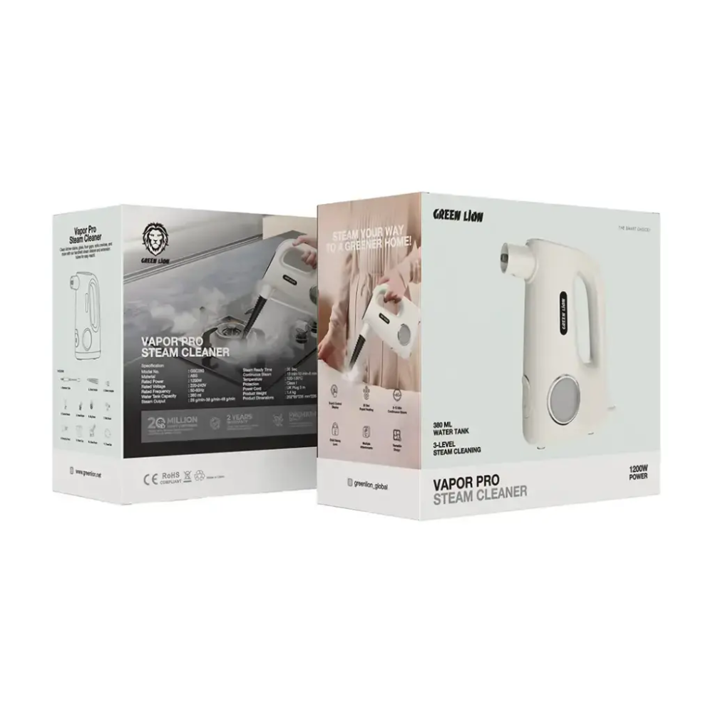 Green Lion Vapor Pro Steam Cleaner 1200W beige retail box and product packaging