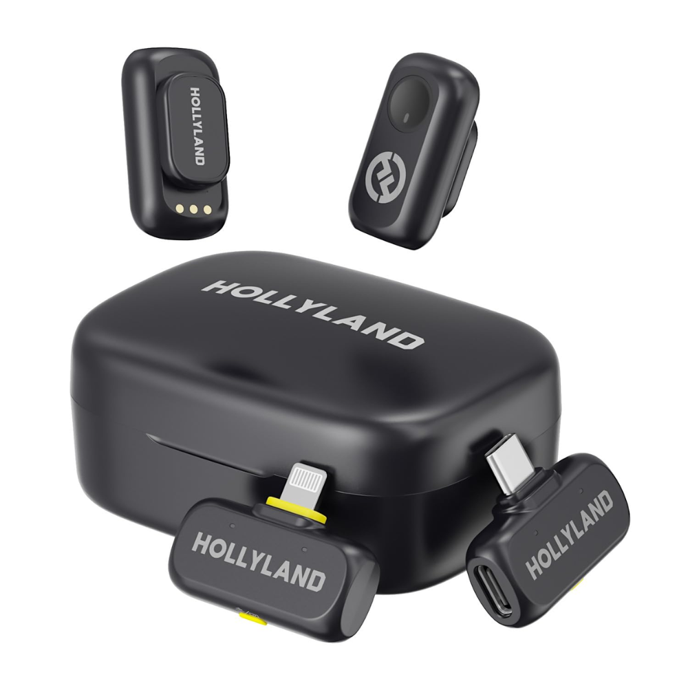 Hollyland Lark A1 wireless microphone kit with charging case and USB-C receiver