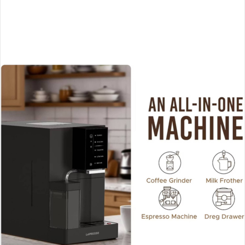 Black coffee machine in a kitchen setting with text highlighting its features.