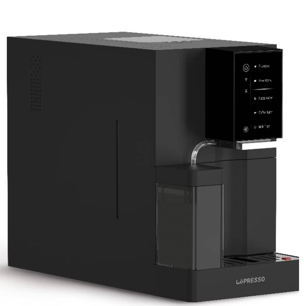 Black coffee machine with LaPresso branding on a white background
