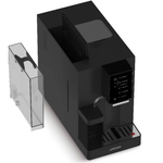 Black coffee machine with a clear container on a white background