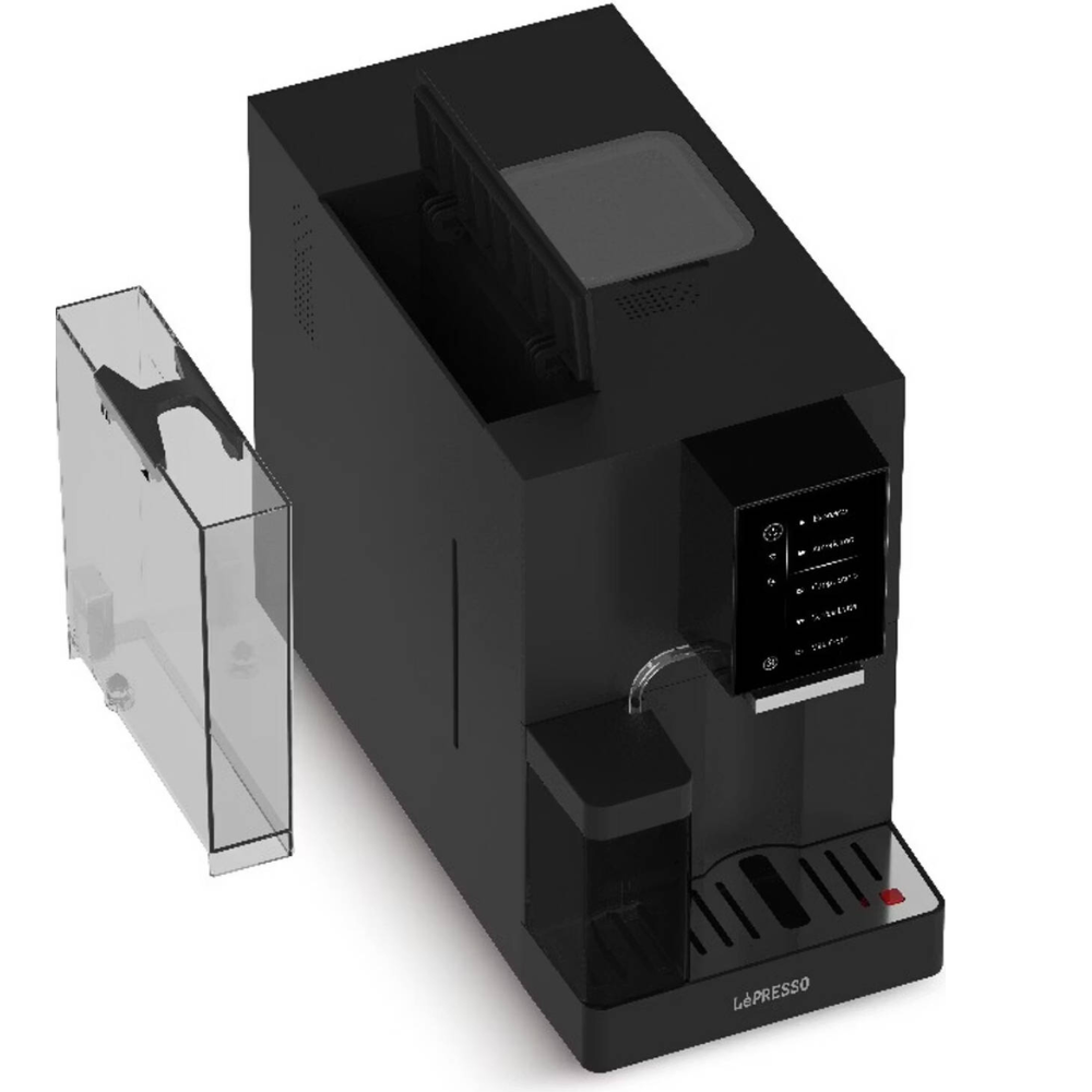 Black coffee machine with a clear container on a white background