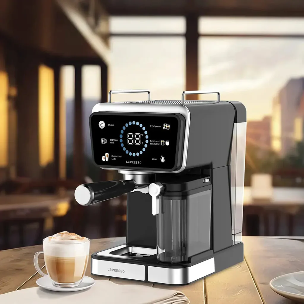 Modern coffee machine with a digital display on a table in a cozy setting.