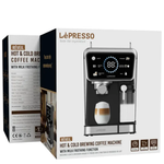 Le'Presso coffee machine packaging with product image and details.