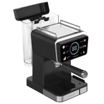Black espresso machine with digital display on a white background