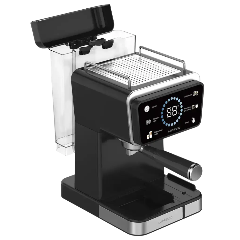 Black espresso machine with digital display on a white background