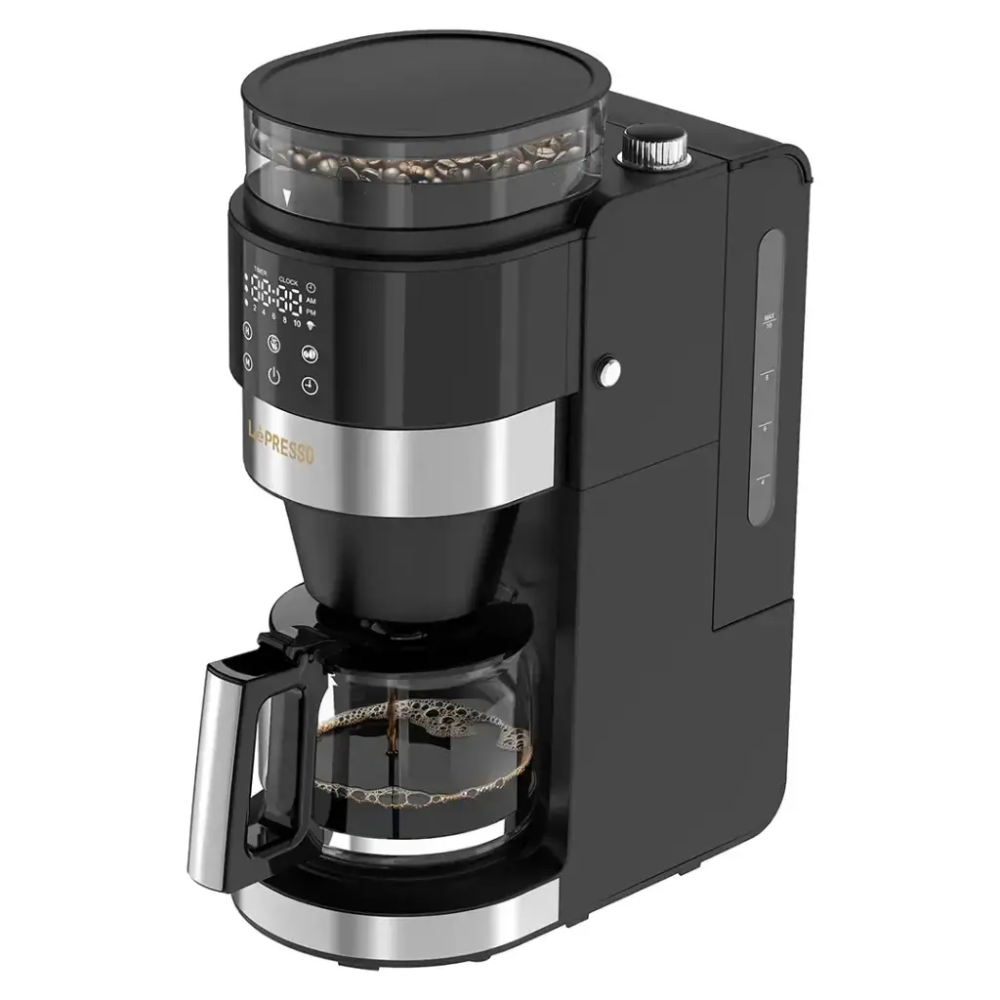 Black and silver coffee maker with grinder on a white background