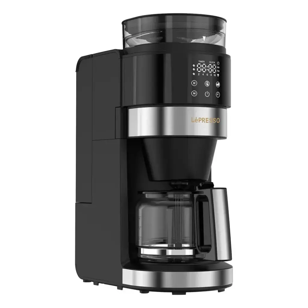 Black and silver coffee maker with a transparent carafe on a white background