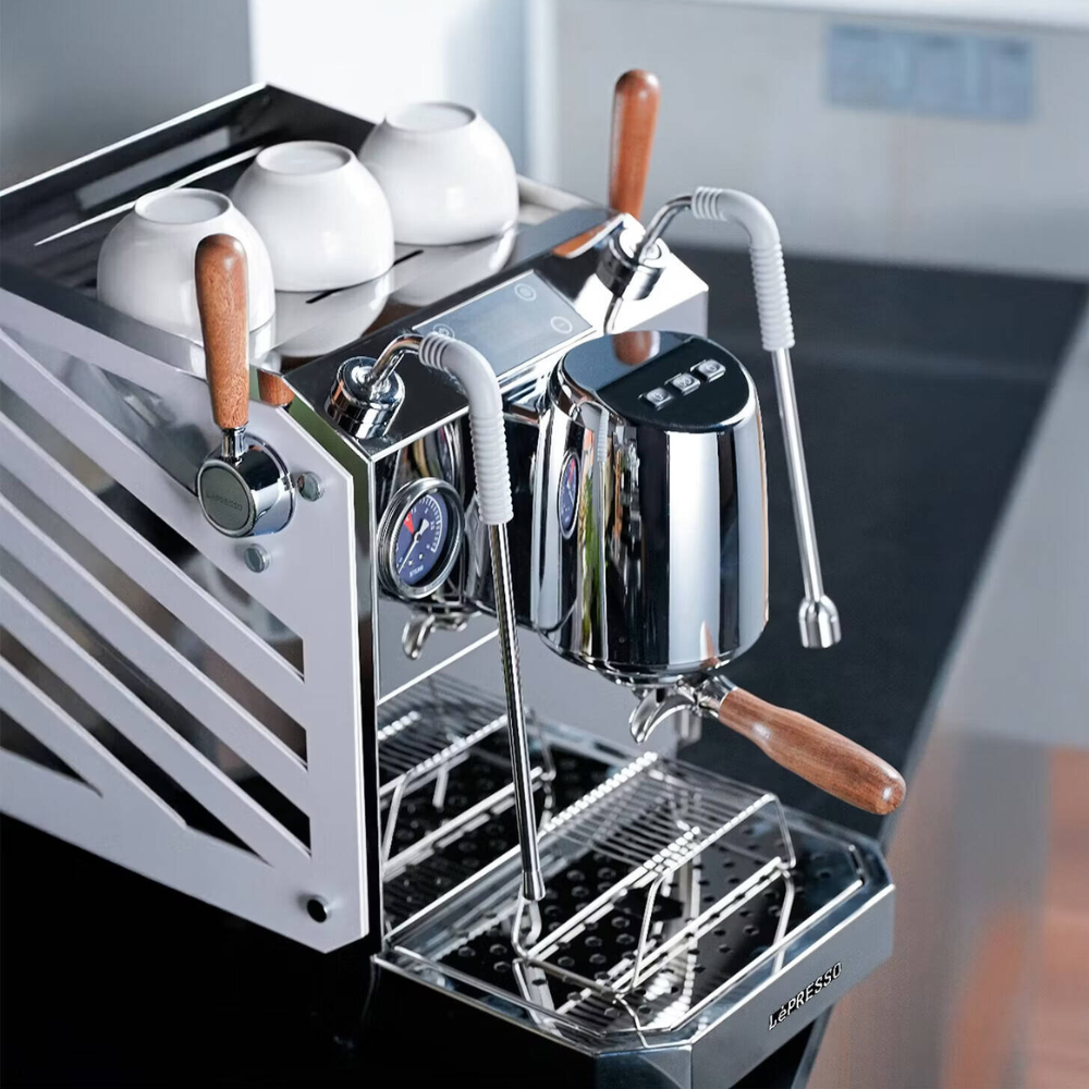 Espresso machine with accessories on a kitchen counter
