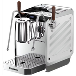 Espresso machine with milk frothing attachment on a white background
