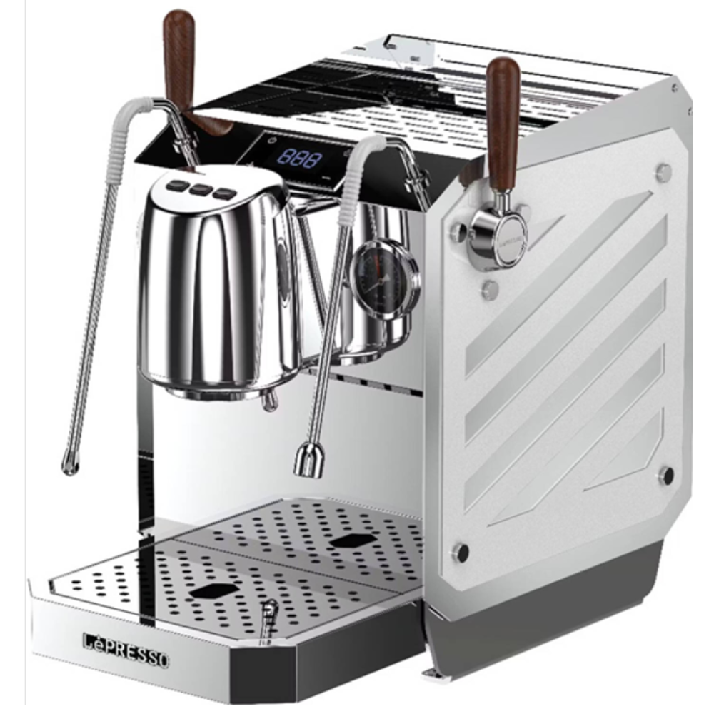 Espresso machine with milk frothing attachment on a white background